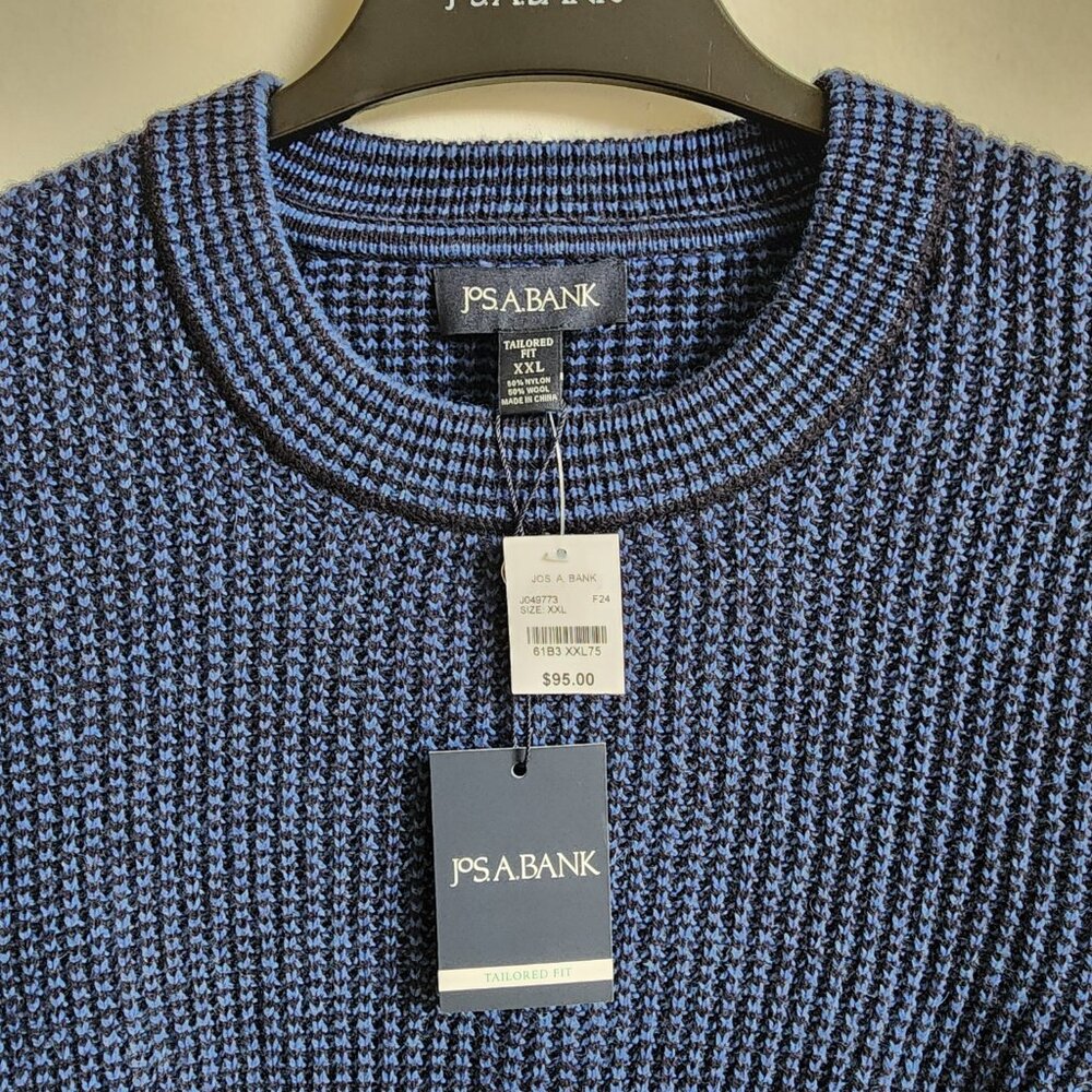XXL Sweater Blue Navy Jos A Bank Crewneck Chunky Knit Tailored Fit Mens Wool Mix - Picture 6 of 17